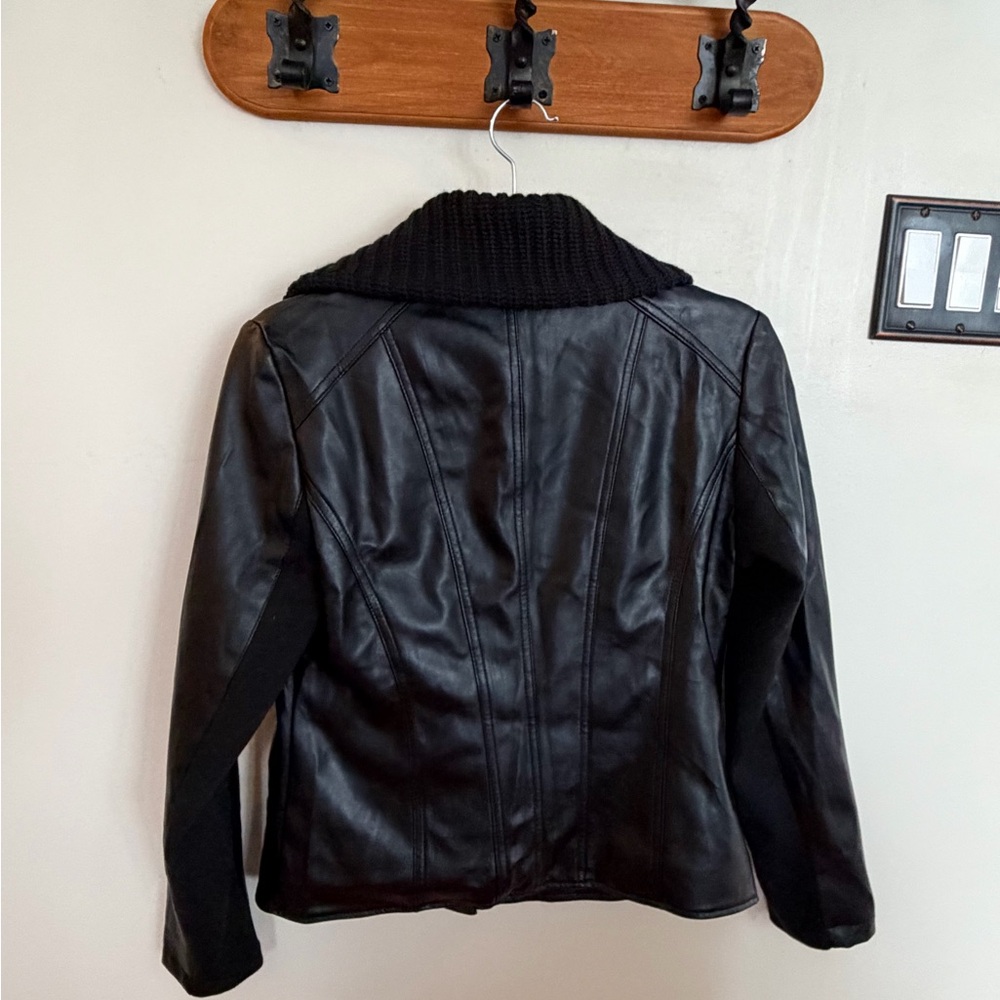 Chico’s Faux Leather Black Women's Jacket with Knit Collar - Picture 2 of 4
